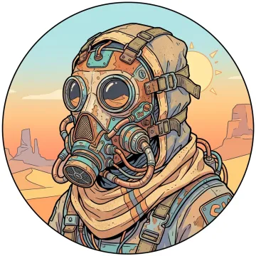 AI concept art: a desert nomad in a patched gas mask.