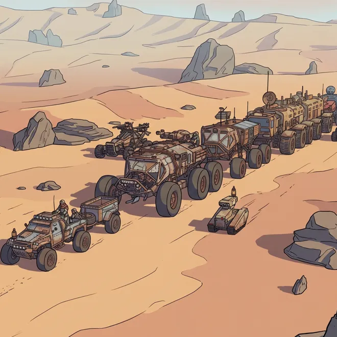 AI concept art of a landship convoy crossing a desert under a pale sky.