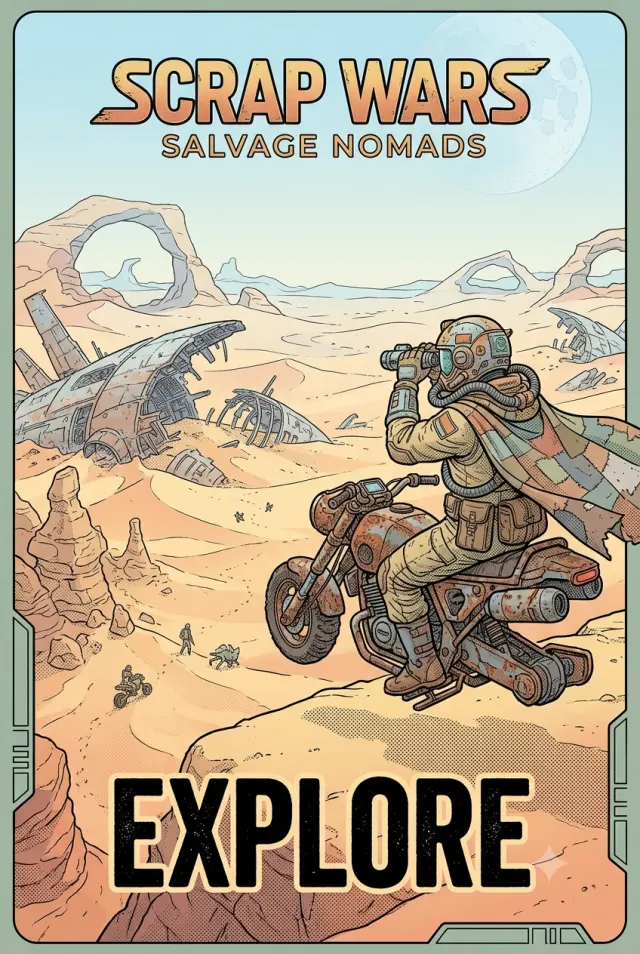 A scout on a motorbike looks through binoculars over a desert of wrecked ships.